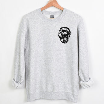 Ash Gray Irish Water Spaniel sweatshirt. Sweatshirt features an Irish Water Spaniel face printed on the left chest in black.