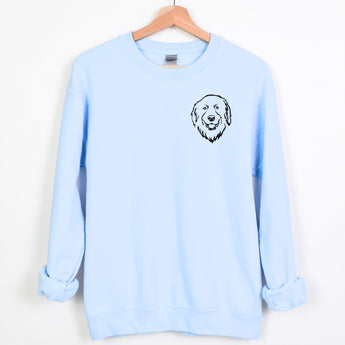 Light blue Great Pyrenees sweatshirt. Sweatshirt features a Great Pyrenees face printed on the left chest in black.