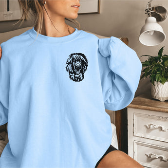 Irish Water Spaniel light blue sweatshirt modeled by a woman sitting on a couch in a living room.